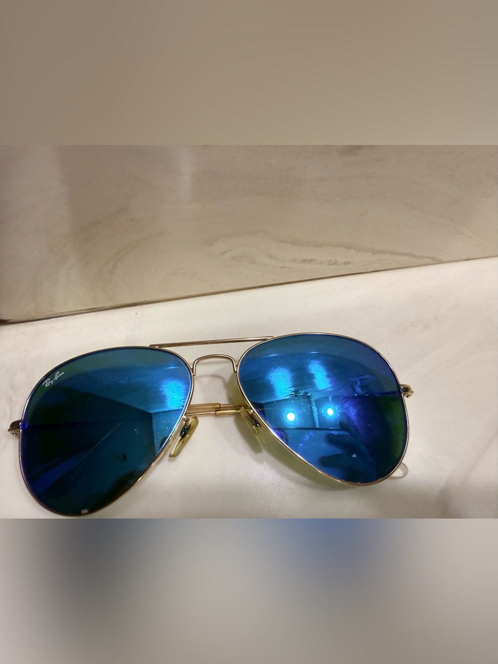 Ray-Ban Gold Frame Sunglasses with Blue Mirrored Lenses - Men